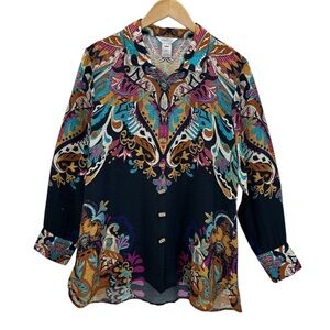 Multiples Baroque Scroll Floral Paisley Button Down Blouse Boho Statement Top M